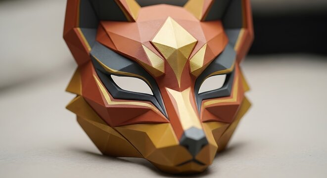 A striking geometric fox mask with sharp angles and a blend of earthy tones and metallic accents. - Powered by Adobe