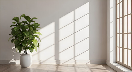 Interior with plant in pot near window with natural light, creating a cozy and bright atmosphere