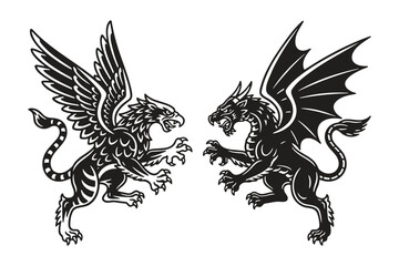 Heraldic Griffin and Dragon Battle Vector Design