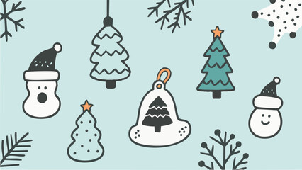 Illustrations depicting Scandinavian-style Christmas charms and accessories in a simple, minimalist style. Winter. December. New Year. Wreath. Charm. Ornament. Snowman. Present.
