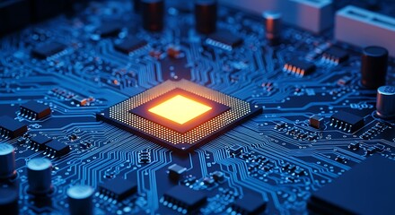 Glowing central processor unit on a blue circuit board