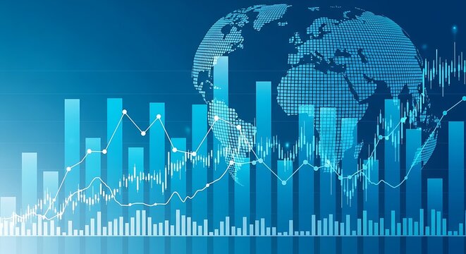 Global financial market growth with digital world map and bar chart
