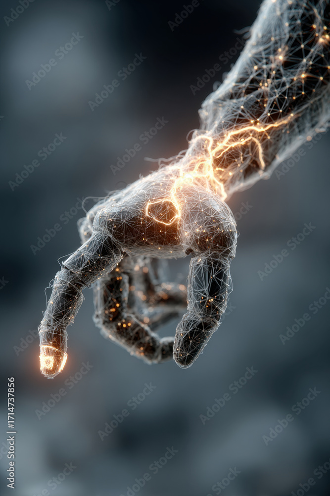 Poster close up view of a robotic hand with glowing circuits and wires. concept of artificial intelligence,
