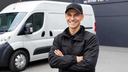 Delivery driver smiles confidently by white van at warehouse during sunny day showcasing job satisfaction and professionalism