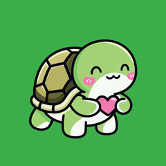 A cute cartoon green turtle with a patterned shell, happily holding a small pink heart, vector illustration in a simple and sweet style, on a vibrant green background