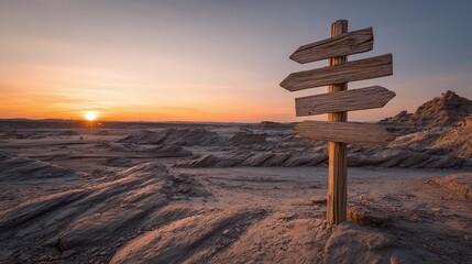 Rustic signpost in a desert landscape at sunset, indicating different directions. Choices and pathways under a warm sky.
