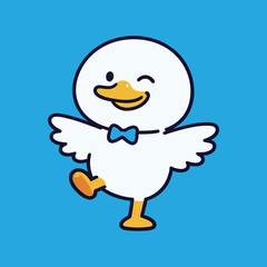 A cute cartoon white duck with a yellow beak and a blue bow tie, standing on one leg and winking playfully, isolated on a bright blue background, vector illustration