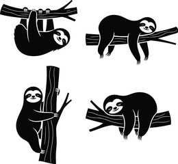 Sloth silhouette vector icon set. Cute lazy animal character collection hanging, sleeping, and climbing on a tree branch