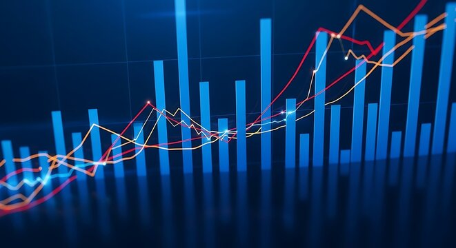 Abstract digital financial chart with rising blue bars and fluctuating red and white lines