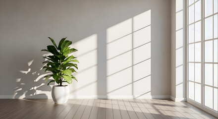 Sunlit room with a potted plant casting shadows on the wall and floor, creating a peaceful atmosphere