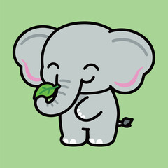 A cute and happy cartoon gray elephant with pink ears, smiling and holding a small green leaf with its trunk, isolated on a light green background, vector illustration
