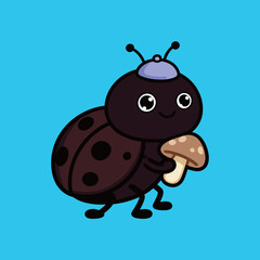 An adorable cartoon dark brown ladybug with black spots and a blue hat, holding a mushroom, a simple vector illustration on a bright blue background