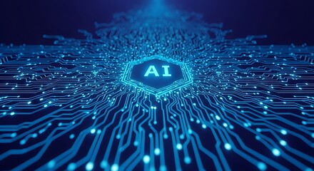 Abstract glowing blue ai circuit board with digital data streams