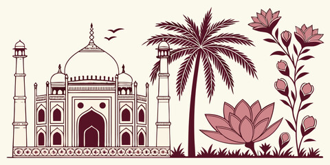 Burgundy Taj Mahal Illustration With Palm Tree and Blooming Lotus Flowers India monument