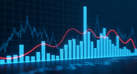 Glowing blue bar chart with red line graph overlay on dark background