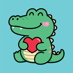 A cute cartoon green alligator or crocodile happily sitting and holding a bright red heart, a simple vector illustration in a loving and gentle style on a blue background