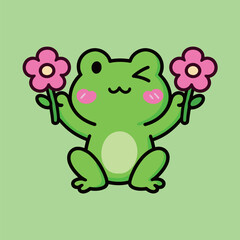 A cute cartoon green frog holding two pink flowers, winking and smiling sweetly, isolated on a light green background, a simple vector illustration in a joyful style