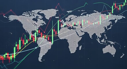 Global stock market trends and financial data overlayed on world map