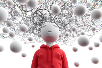 Digital artwork of stressed individual, immersed in swirling chaotic shapes, representing mental overload.