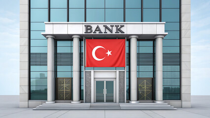 Naklejka premium Modern bank building facade with turkish flag symbolizing national banking system strength