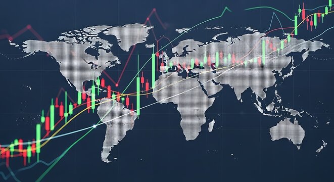 Global stock market trends and financial data overlayed on world map - Powered by Adobe