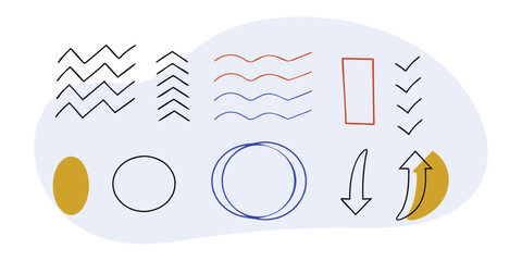 Collection of Hand Drawn Abstract Shapes and Symbols on Blue Background doodle drawing