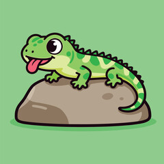 Cute Cartoon Lizard with a Big Smile and Tongue Sticking Out Lying on a Rock