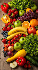 Flat lay of colorful fresh fruits and vegetables on a rustic wooden table
