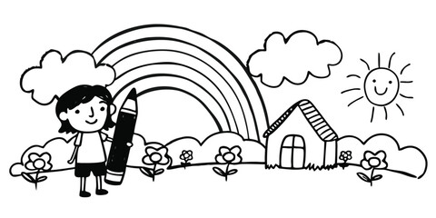 Fototapeta premium Child's drawing of a happy scene with a rainbow, sun, house, flowers, and a girl holding a large crayon Keywords: childs drawing, crayon drawing, kids art, rainbow, sun, clouds, house, flowers