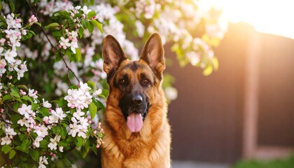 German Shepherd in blooming apple tree garden