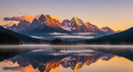 Majestic mountain peaks illuminated by golden sunrise reflected in calm alpine lake isolated on white background