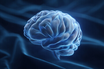 Glowing blue human brain model, abstract scientific concept for neuroscience and technology.