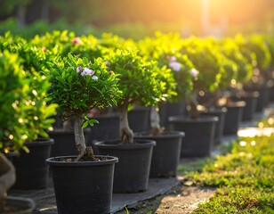 Many small bonsai trees in dark pots line a garden bed, bathed in warm sunlight.