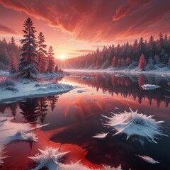 An illustrated winter scene with snow and frost and red sunset sunlight.