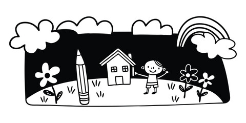 Black and white cartoon of a boy with a pencil, house, flowers, and rainbow on a dark background Keywords: cartoon, illustration, black and white, doodle, line art, boy, pencil, house, flowers