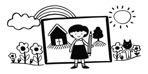 Black and white illustration of a girl holding a pencil in front of her drawing of a house, tree, and cat Keywords: illustration, drawing, childs drawing, pencil, girl, house, tree, cat, rainbow