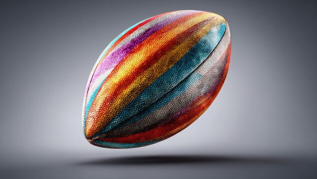 A vibrant, multicolored rugby ball, seemingly painted with broad, textured strokes of various hues, floats against a neutral gray backdrop, casting a subtle shadow