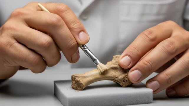 Man cleaning an ancient bone fragment with a brush, archaeological artifact restoration process, historical discovery footage.