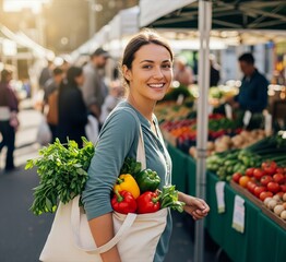 Smiling woman carries fresh produce from bustling farmers market