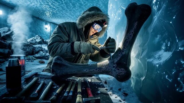 Woman archaeologist carving symbols onto an ancient bone inside an ice cave, revealing alien technology and historic discovery footage.