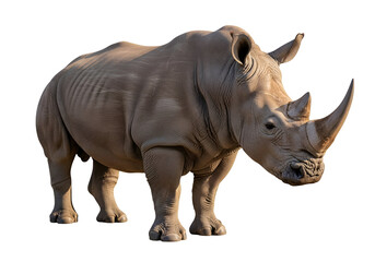 Obraz premium A full shot of a white rhinoceros, presented against a stark black background, highlights the animal's powerful physique and textured skin.