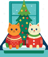 Two cute cats wearing christmas sweaters by a decorated tree