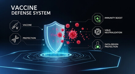 Futuristic infographic with digital vaccine icons and virus defense shield.