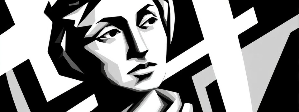 Abstract monochrome portrait of a thoughtful woman in geometric design