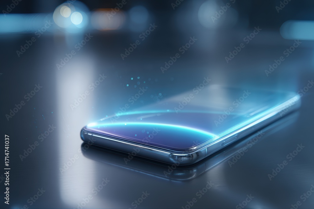 Aufkleber smartphone technological edge: an advanced smartphone with a glowing screen is displayed on a reflec
