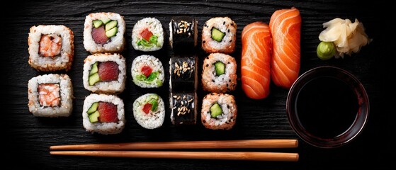 An overhead view showcases a colorful and delicious sushi platter on a dark wooden table with chopsticks and a small bowl of soy sauce.