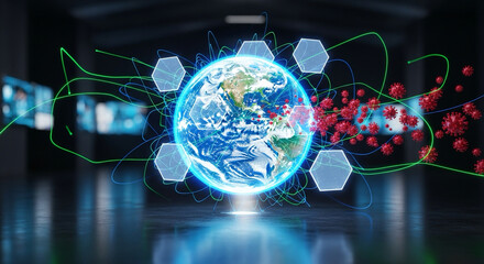 Futuristic infographic with digital vaccine icons and virus defense shield.