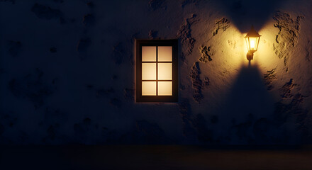 A window glows warmly in the night, casting a soft light on the weathered wall beside a vintage lamp