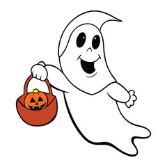 Happy ghost holding halloween treat basket