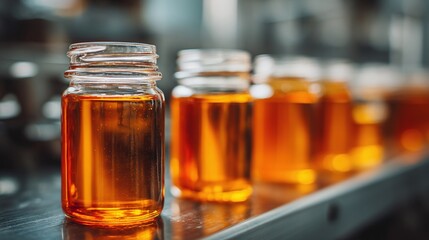 Line of jars filled with amber liquid, perhaps for manufacturing or quality control, showing precision and consistency.